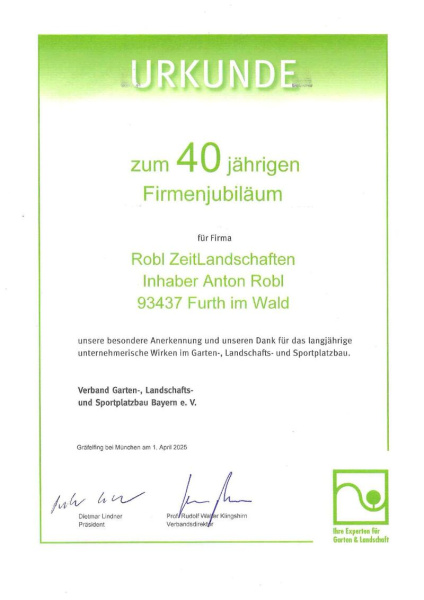 Urkunde zum 40. Firmenjubiläum